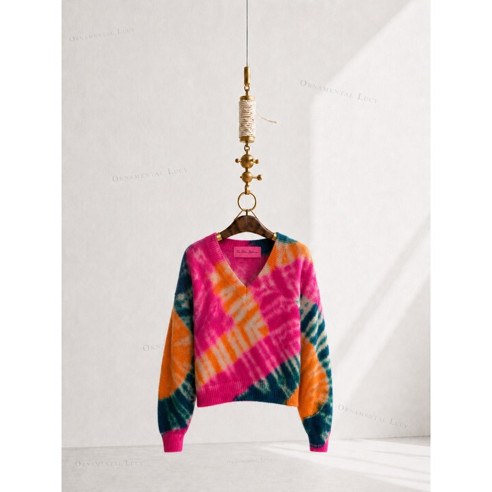 The Elder Statesman Cashmere Zig Zag Tie Dye V Neck Crop Sweater Pink Orange XS